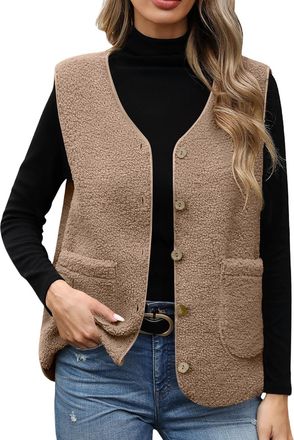 Generic Womens Teddy Gilet Sleeveless Sherpa Fleece Jacket Solid V Neck Button Down Fuzzy Vest Fluffy Autumn Teddy Bear Coat Cropped Vest Jacket Cute Plush Wa