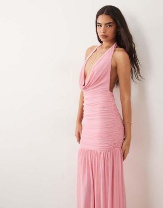 Asos Vestito lungo in rete rosa con scollo profondo ad anello e vita scesa arricciata