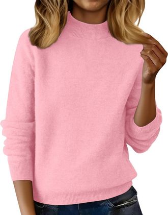 Generic Cashmere Jumpers Ladies Womens Semi Turtleneck Sweater Autumn and Winter Warm Loose Sweater Jumpers for Women UK Long Sleeve Solid Color Pullover with
