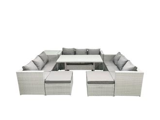 Fimous Rattan Garden Outdoor Furniture Set 11 Seater Garden Sofa Rectangulr Dining Table Set with 2 Big Footstools Side Table Light Grey Mixed