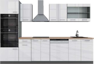 Vicco Mueble De Cocina R-line, Blanco Brillo/antracita, 300 Cm Con Armario Alto, Et Roble