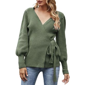 Generic Crop Jumper Womens Fall Winter Wrap V Neck Sweater Balloon Sleeves Ribbed Knitted Pullover Tie Front Top Jumper Womens Thick Jumpers (A, XL)