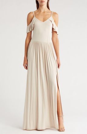 Go Couture Ruffle Cold Shoulder Maxi Dress in Sand at Nordstrom Rack, Size X-Large