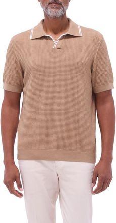 Bugatchi Tipped Johnny Collar Short Sleeve Sweater in Camel at Nordstrom, Size Xx-Large