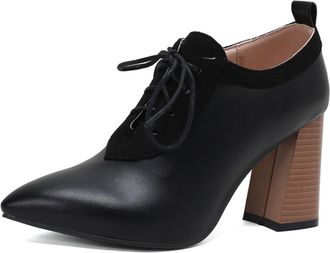 Generic Women Pointed Toe Pumps Mixed Fabric Lace Up Design Contrast Color Vamp Back Tab Chunky Block Heel Non Slip Durable Comfortable Office Party Shoes,Bla