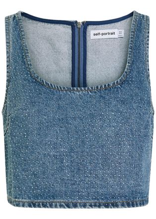 Self Portrait Crystal-embellished Denim Crop top - 16 (UK16 / XL)