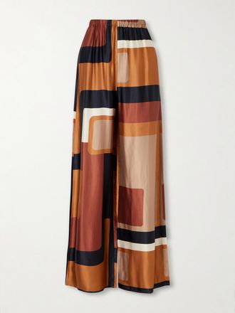 Faithfull The Brand Pantaloni A Gamba Larga In Raso Stampato Jensen - Marrone