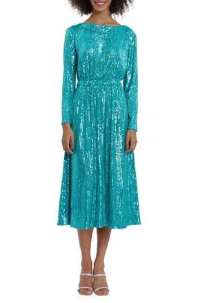 Maggy London Long Sleeve Sequin Blouson Dress in Ocean Blue at Nordstrom Rack, Size 2