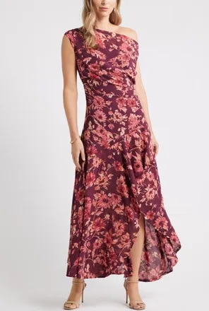 Chelsea28 Cascading Off the Shoulder Evening Dress in Burgundy- Pink Dahlia Floral at Nordstrom, Size Xx-Small