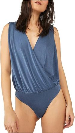 Free People Womens Free People Night Owl Bodysuit Blue Stretch Surplice Neck RED1364