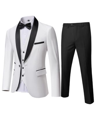 Mys Mens 3 Piece Tuxedo Set with Bow Tie, Shawl Lapel One Button Jacket Vest & Pants, Slim Fit Suit Prom Party Wedding Tux, Natural White, M