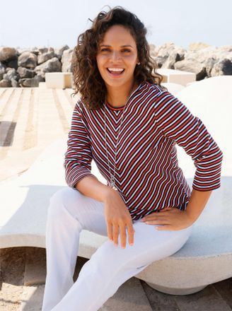 Casual Looks 3/4-Arm-Shirt CASUAL LOOKS Rundhals-Shirt, Damen, Gr. 36, erdbeere, wei&szlig;, gemustert, 65% Baumwolle, 35% Polyester, gemustert, gestreift, mehrfarbig, R