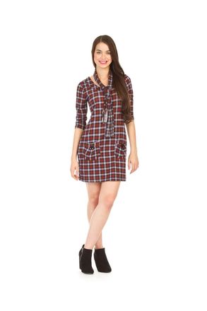 Papillon Plaid 3/4 Sleeve Dress With Pockets & Scarf In Blue/red