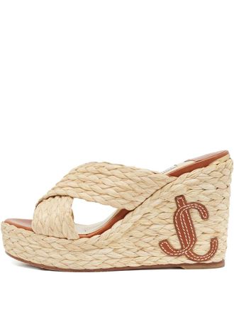 Jimmy Choo London 110mm Dovina wedge sandals - women - Raffia/Calf Leather/Calf Leather - 36 - Neutrals