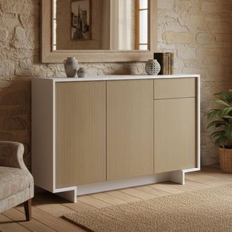 Dmora Aparador Aneto, Aparador De Sal&oacute;n, Buffet De Sal&oacute;n Con 3 Puertas Y 1 Caj&oacute;n, 100% Made In Italy, 134x35h87 Cm, Blanco Y Beige, Con Embalaje Reforzado -