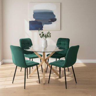 Kosy Koala Round Glass Dining Table With 4 green velvet Chairs Dining Furniture