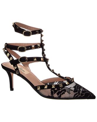 Valentino Rockstud 65 Caged Suede & Lace Ankle Strap Pump