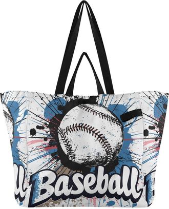 Generic Baseball print Reusable Canvas Tote Bag, Heavy Duty Grocery Shopping Bag with Hard Bottom Double Handles Large Capacity Work Groceries Travel