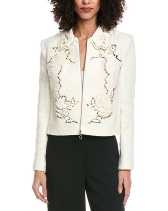 Oscar De La Renta Floral Detail Tweed Silk-Lined Wool-Blend Jacket