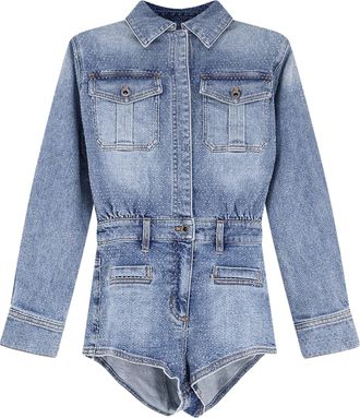 Self Portrait Rhinestone Denim Playsuit