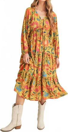 Merci Tiered Long Sleeve Midi Dress In Multi