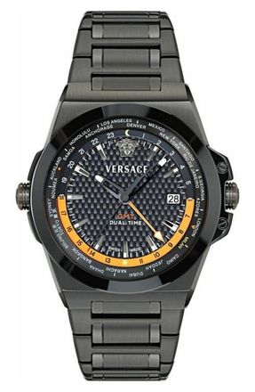 Versace Greca Reaction GMT Bracelet Watch, 44mm in Black/ip Black at Nordstrom