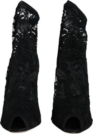 Dolce & Gabbana Black Lace Stretch Heels Mid Calf Boot Womens Shoes