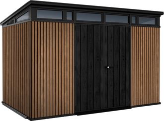 Keter Pent 11x7 - Caseta De Jard&iacute;n 342x226x218 Cm 2 Puertas Para Almacenamiento De Herramientas Acabado Efecto Madera Evotech+ En Resina Marr&oacute;n Y Negra