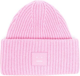 Acne Studios face-patch ribbed-knit beanie - unisex - Wool - One Size - Pink