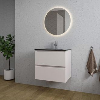 Saniclass Chaci Badkamermeubelset - 60x46x55cm - keramische wastafel zwart - 1 wasbak - 1 kraangat - 2 lades - ronde spiegel met verlichting - mat cotton (beige
