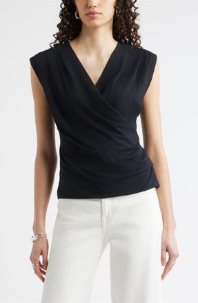 Nordstrom Pleated Faux Wrap Cap Sleeve Top in Black at Nordstrom, Size Xx-Small