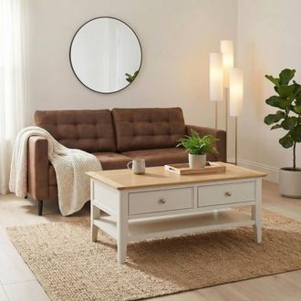 Furniturebox Belle Rectangular Oak Wood & Cream Coffee Table