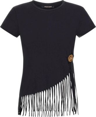 Roberto Cavalli Tops, Dames, Zwart, S, Katoen, Zwarte Franje Trim T-Shirt Vrouw