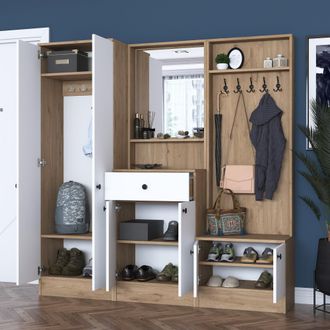 Dmora Mueble De Entrada Riace, Espejo Incluido, Perchero, 8 Estantes, 179x38x183h Cm Blanco