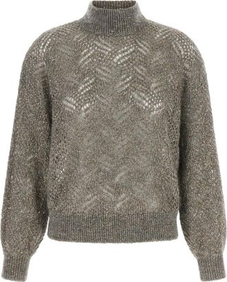 Brunello Cucinelli Grey Embellished Turtle Neck Sweater