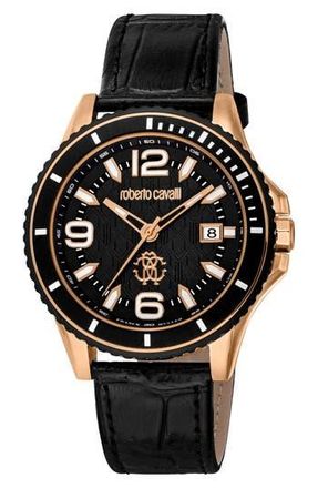 Roberto Cavalli Croc Embossed Leather Strap Watch, 42mm in Black at Nordstrom Rack