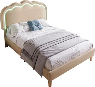STILVORA Cama Individual 90 X 200 Cm De Lino Con Cabecero Ajustable, Cabecero Tapizado Y Led, Sin Colch&oacute;n, Beige