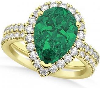 Allurez Emerald & Diamonds Pear-Cut Halo Bridal Set 14K Yellow Gold (3.38ct)