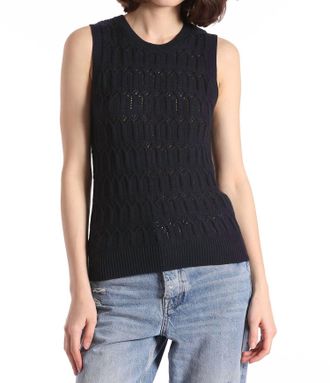 Minnie Rose Pointelle Cotton Cashmere Sleeveless Top In Navy