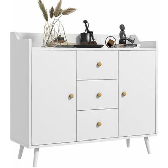 HOMCOM Homcom - Aparador De Sal&oacute;n Moderno Aparador De Cocina Con 2 Puertas 3 Cajones Y Patas De Madera De Pino Para Comedor Pasillo Dormitorio 90x32x80 Cm