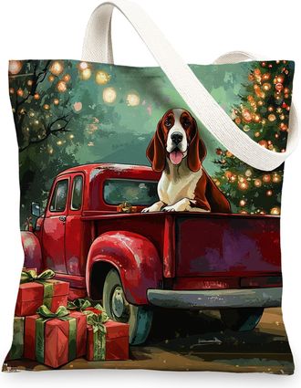 Generic Christmas Basset Hound Dog Canvas Tote Bag for Shopping 13x15, Xmas Tree Truck Puppy Reusable Grocery Print Pattern Bag for Women Men, Holiday Fun Aes