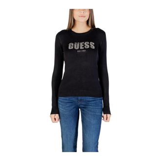Guess Long Sleeve T-Shirts, female, Black, L, Rhinestone Detail Long Sleeve Knitwear with Round Neck