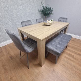 Kosy Koala Oak Effect Dining Table Set With 4 Grey Velvet Chairs & Grey Velvet Bench Dining Room Furniture in Brown