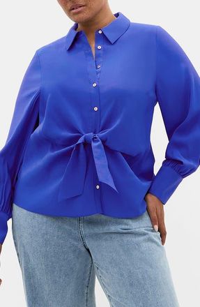 City Chic Isabella Tie Front Shirt in Ocean Blue at Nordstrom, Size 12W