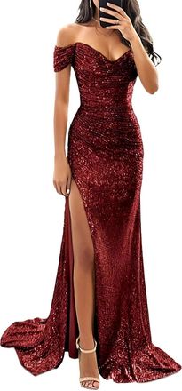Generic Sequin Off Shoulder Mermaid Prom Dress Long Formal Evening Gown with Slit Elegant Homecoming Attire Wine Red Medium