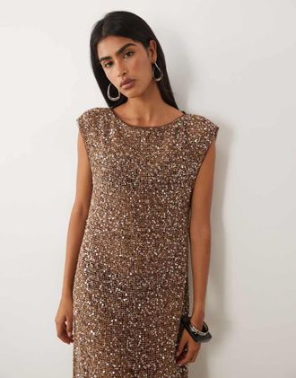 Asos Vestito lungo alluncinetto trasparente con paillettes marrone