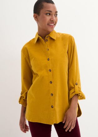 Bonprix Langarmbluse BONPRIX Cord-Hemd mit Seitenschlitz, Damen, Gr. 42, gelb (ockergold), Obermaterial: 98% Baumwolle, 2% Elasthan, loose fit, Blusen Langarm