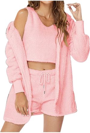 Generic Womens Winter 3 Piece Outfits Pajamas Long Sleeved Fluffy Hooded Jacket with Open Front Coat Soft Fleece Flannel Shorts and Vest Suit Fashion Warm Lou