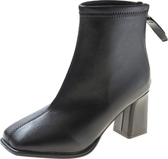 Generic Womens Autumn and Winter Fashion Square Toe Thick Heel Mid Heel Rear Zipper Barrel Short Boots Extra Wide Boots for Women Short (Black, 4.5-4.5)