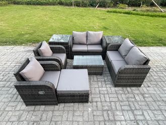 Fimous 7 Seater Rattan Garden Furniture Set Patio Outdoor Lounge Sofa Set with Rectangular Coffee Table Big Footstool Love Sofa 2 Side Tables